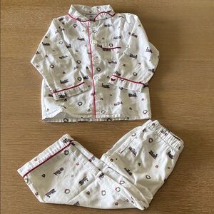 Charming Train Print Kids Pajama Set - White with Red Trim